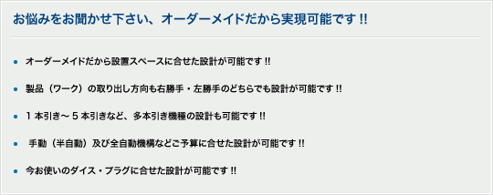 お悩みをお聞かせ下さい、オーダーメイドだから実現可能です!! / オーダーメイドだから設置スペースに合わせた設計が可能です!! / 製品（ワーク）の取り出し方向も右勝手・左勝手のどちらでも設計が可能です!! / 1本引き～5本引きなど、多本引き機種の設計も可能です!! / 手動（半自動）及び全自動機構などご予算に合わせた設計が可能です!! / 今お使いのダイス・プラグに合せた設計が可能です!!